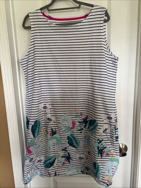 Joules White & Navy Striped Sleeveless Tunic with Teal and Pink Floral Hem